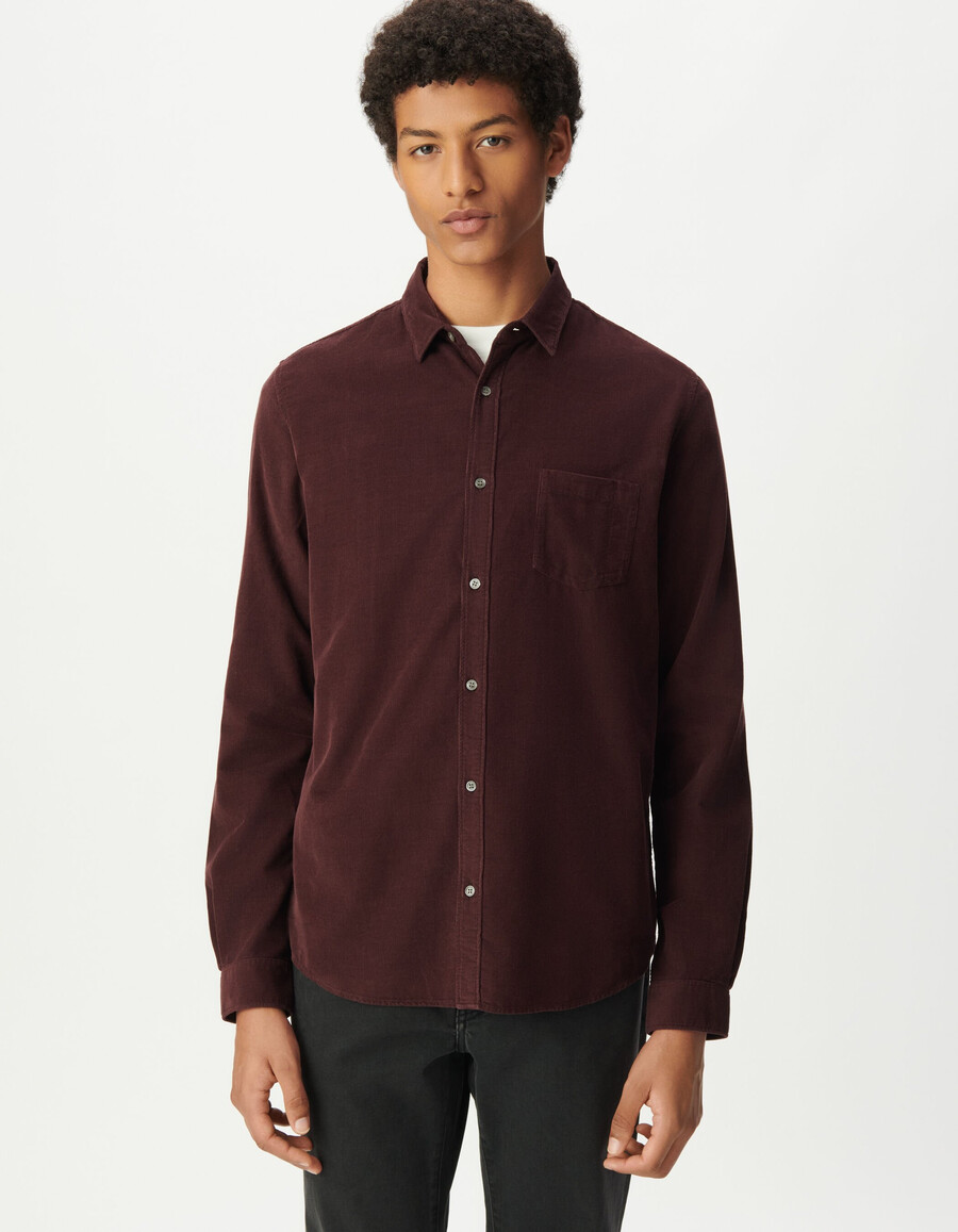 camicia da uomo in cotone biologico a coste color prugna