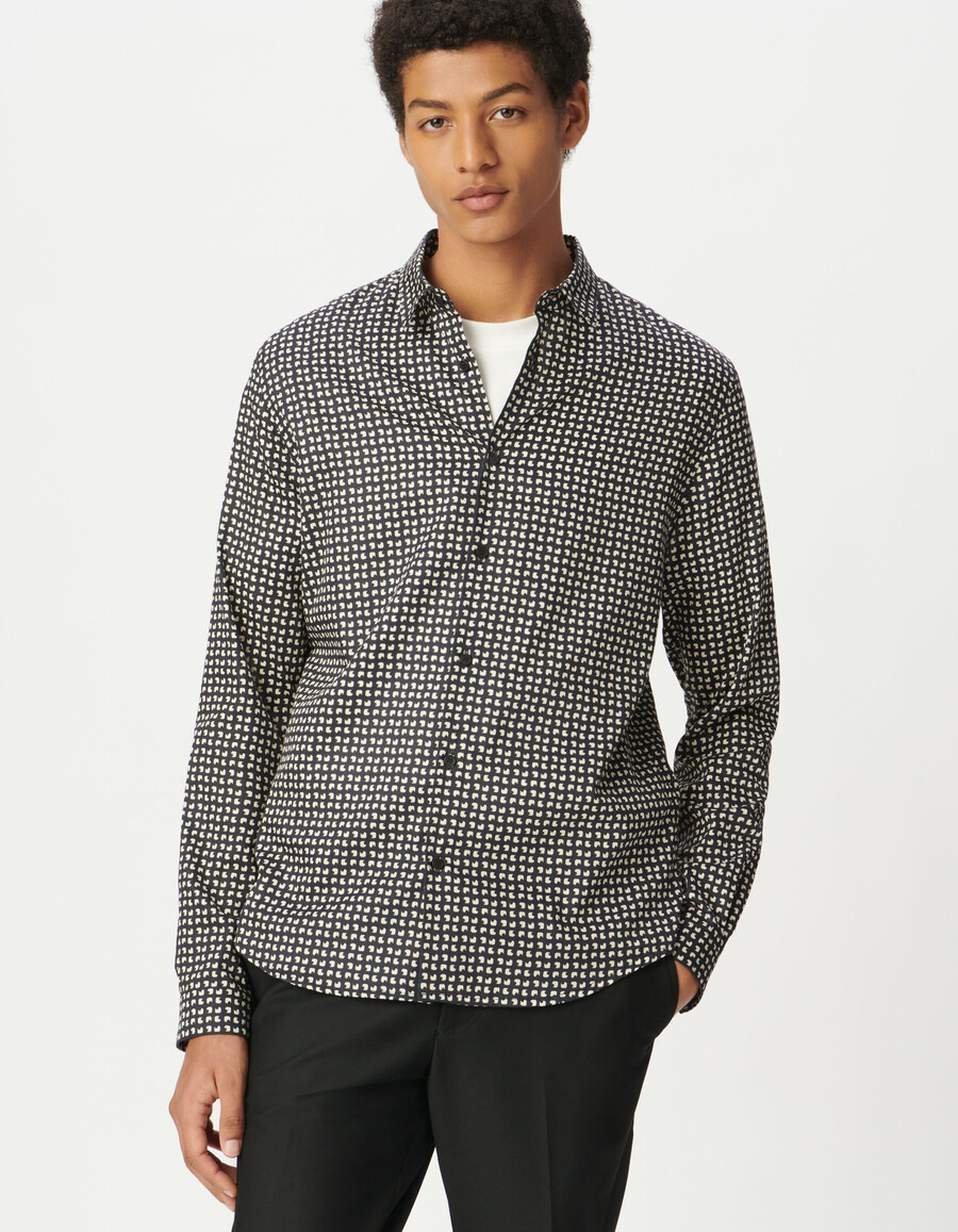 camicia slim da uomo in cotone biologico blu navy con stampa minimalista