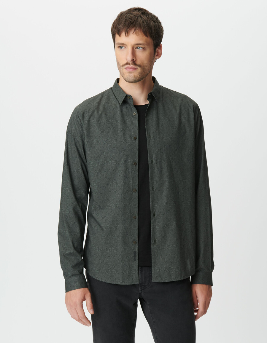 camicia slim da uomo color cachi tessuto con stampa baroque liberty