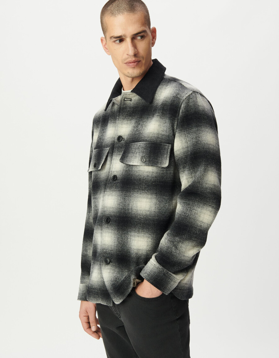camicia da uomo a quadri grigi con colletto in velluto