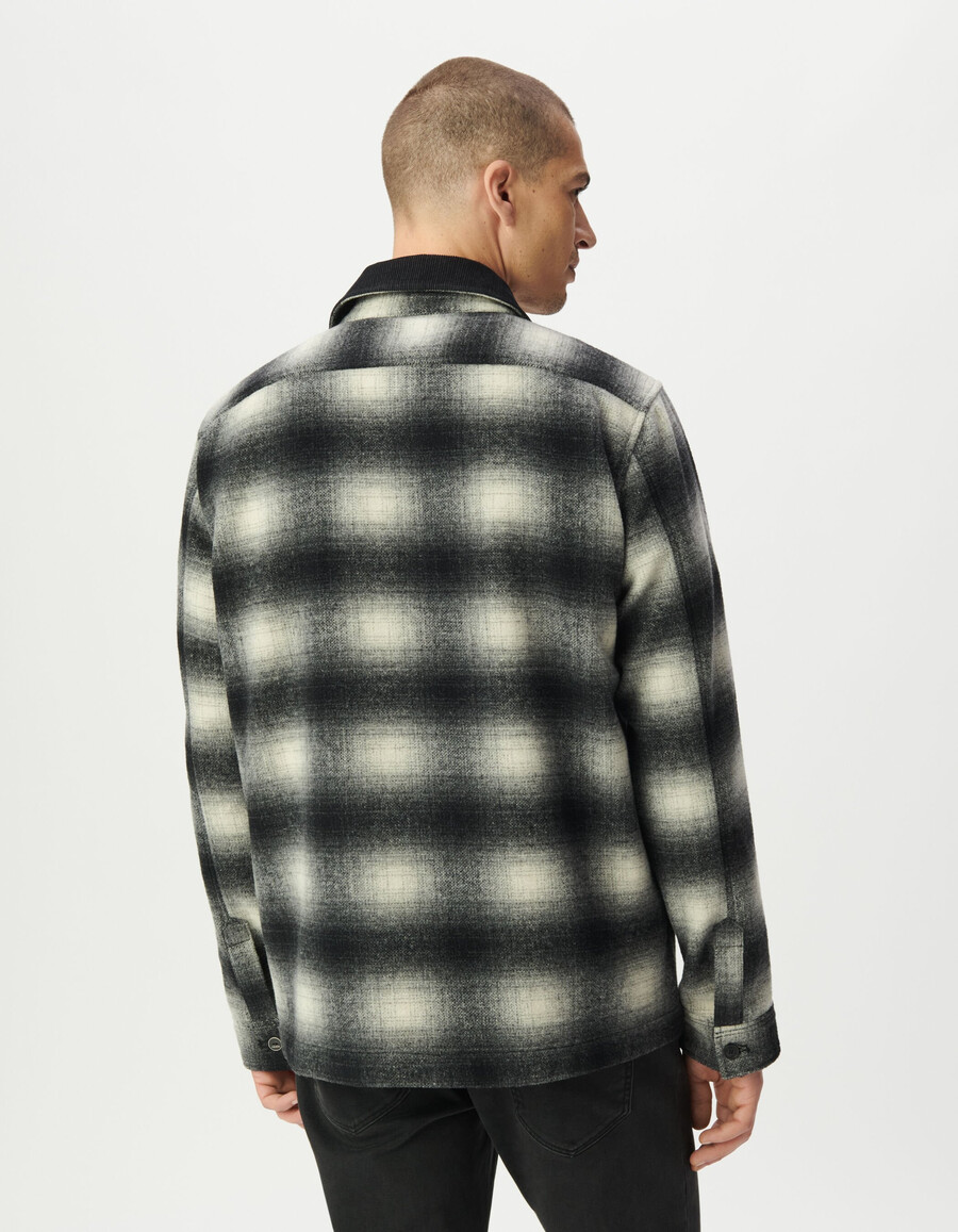 camicia da uomo a quadri grigi con colletto in velluto