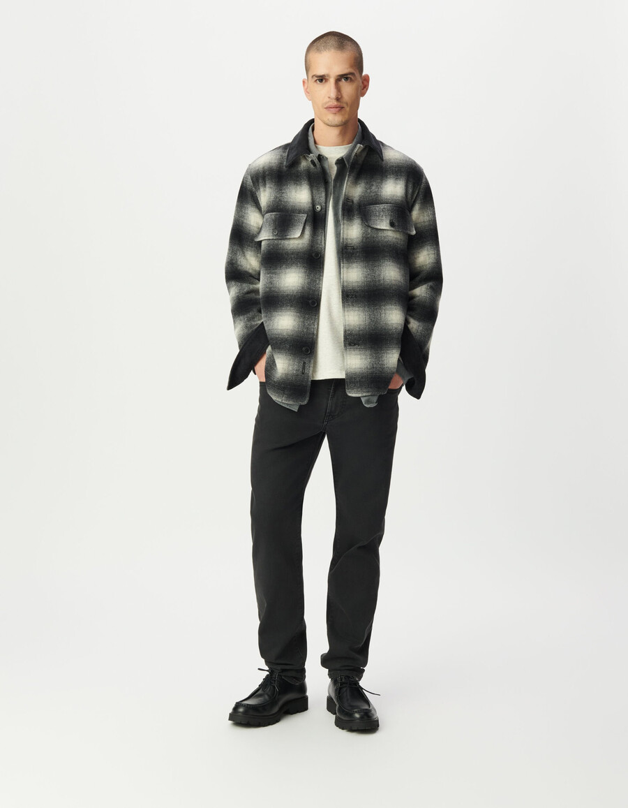 camicia da uomo a quadri grigi con colletto in velluto