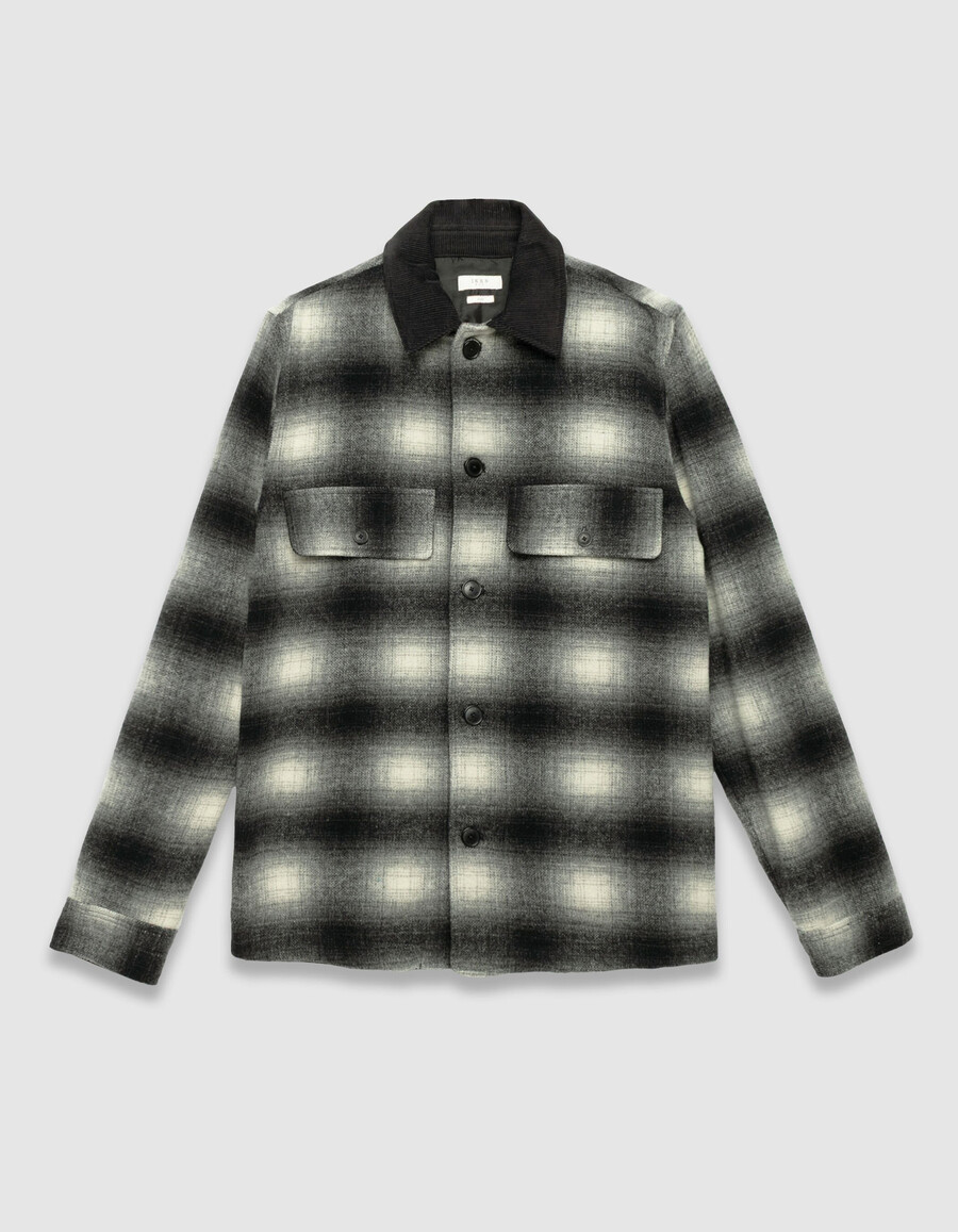 camicia da uomo a quadri grigi con colletto in velluto