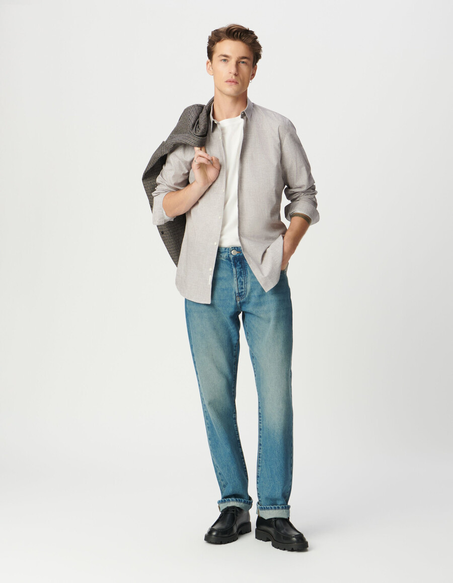 camicia slim da uomo in cotone biologico color prugna con motivo a zigzag minimalista
