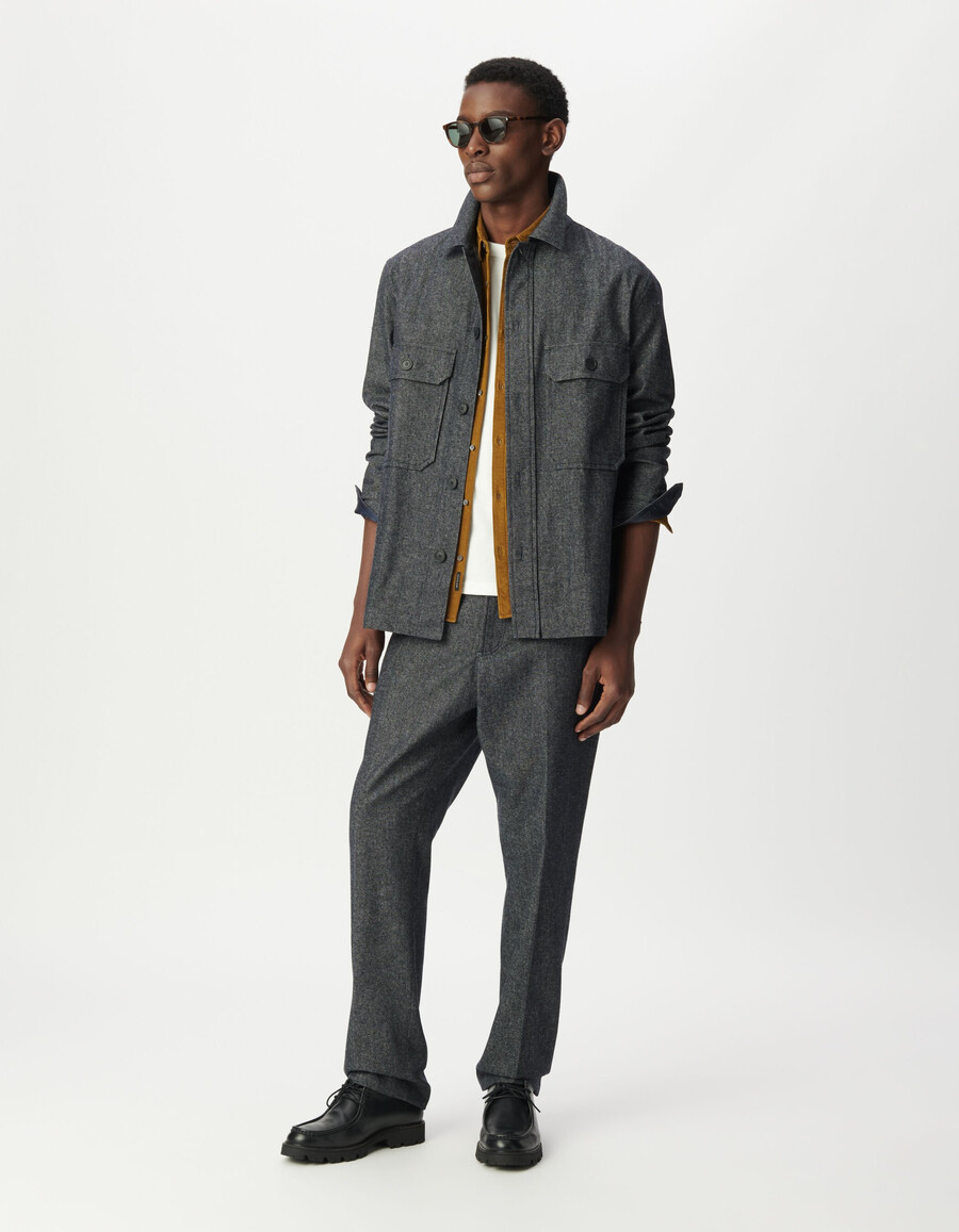 camicia da uomo in tela semi-semplice blu navy