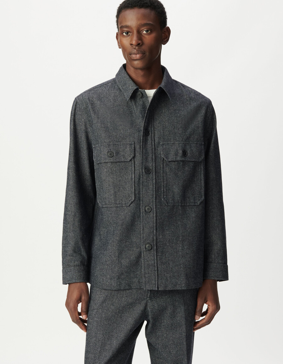 camicia da uomo in tela semi-semplice blu navy