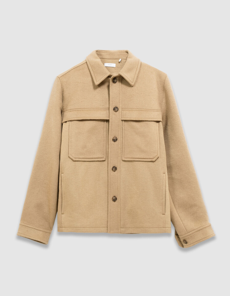 camicia da uomo in lana beige con tasche multiple