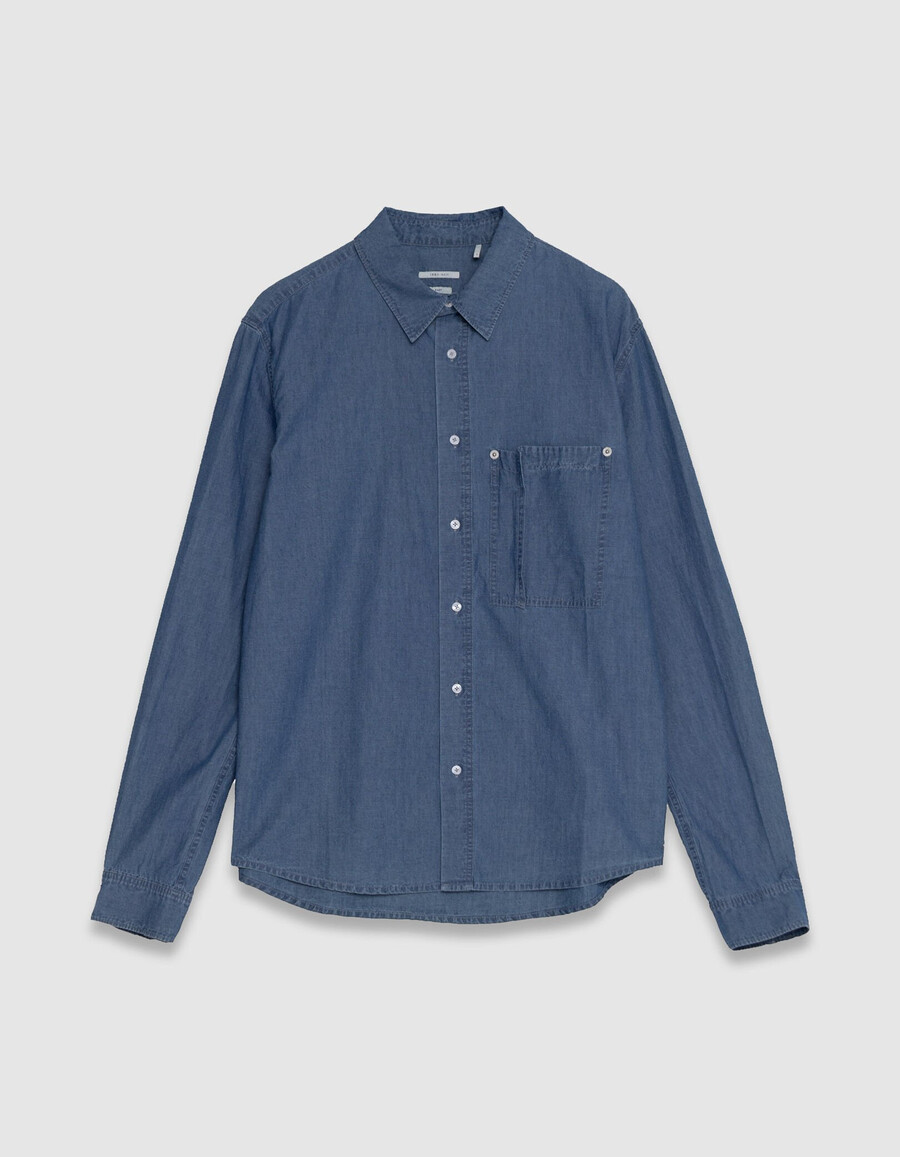 camicia da uomo in chambray blu regolare con tasca asimmetrica