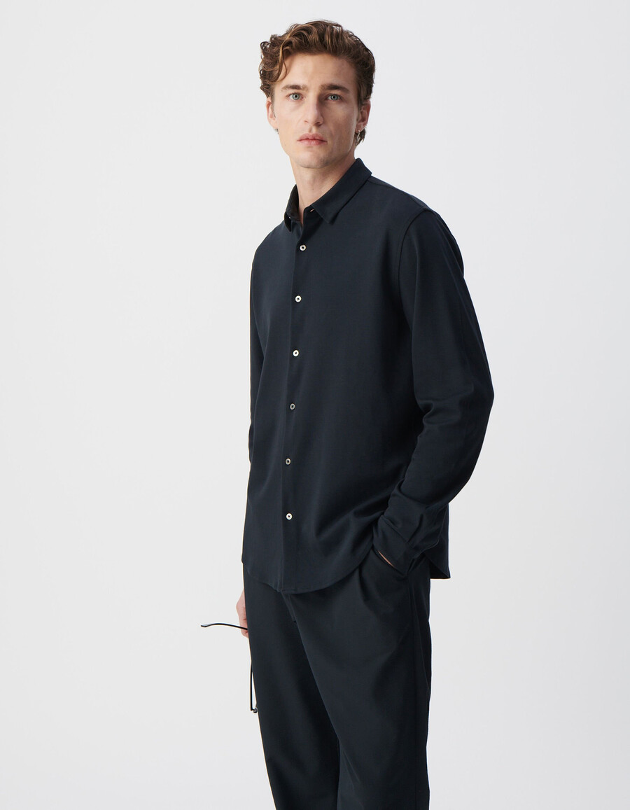 camicia da uomo a maniche lunghe in interlock blu navy