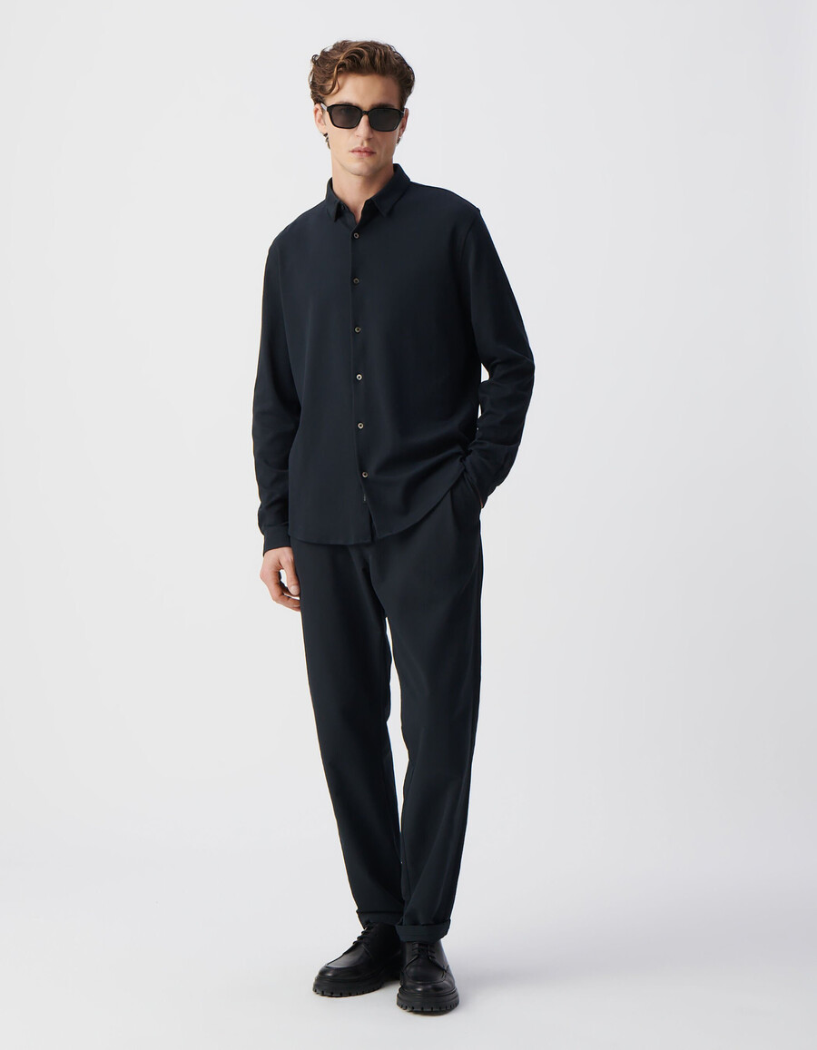 camicia da uomo a maniche lunghe in interlock blu navy