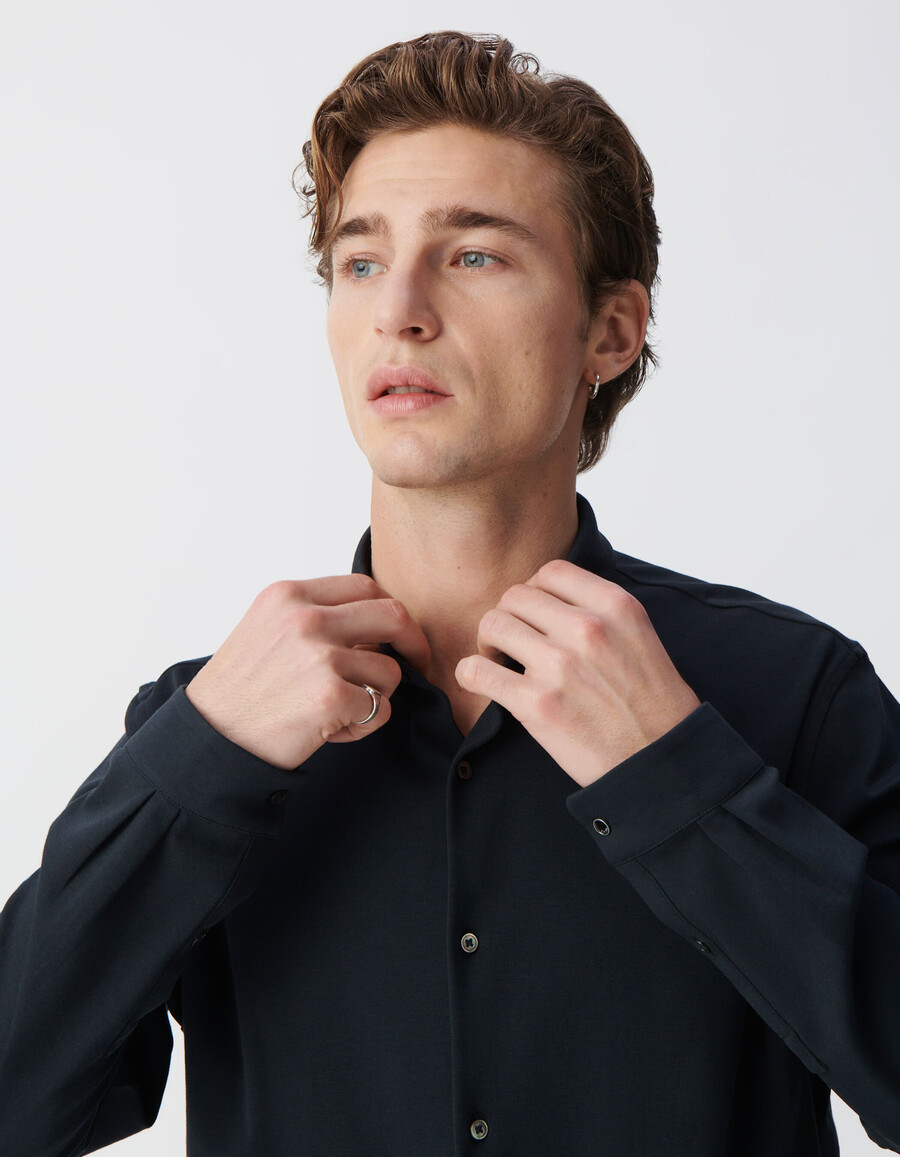camicia da uomo a maniche lunghe in interlock blu navy