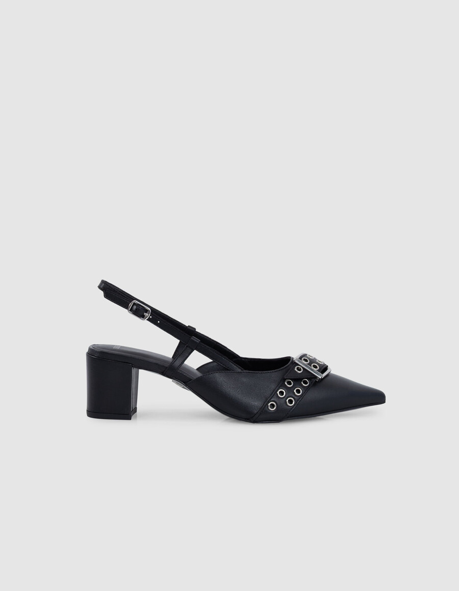 décolleté con cinturino posteriore in pelle nera da donna