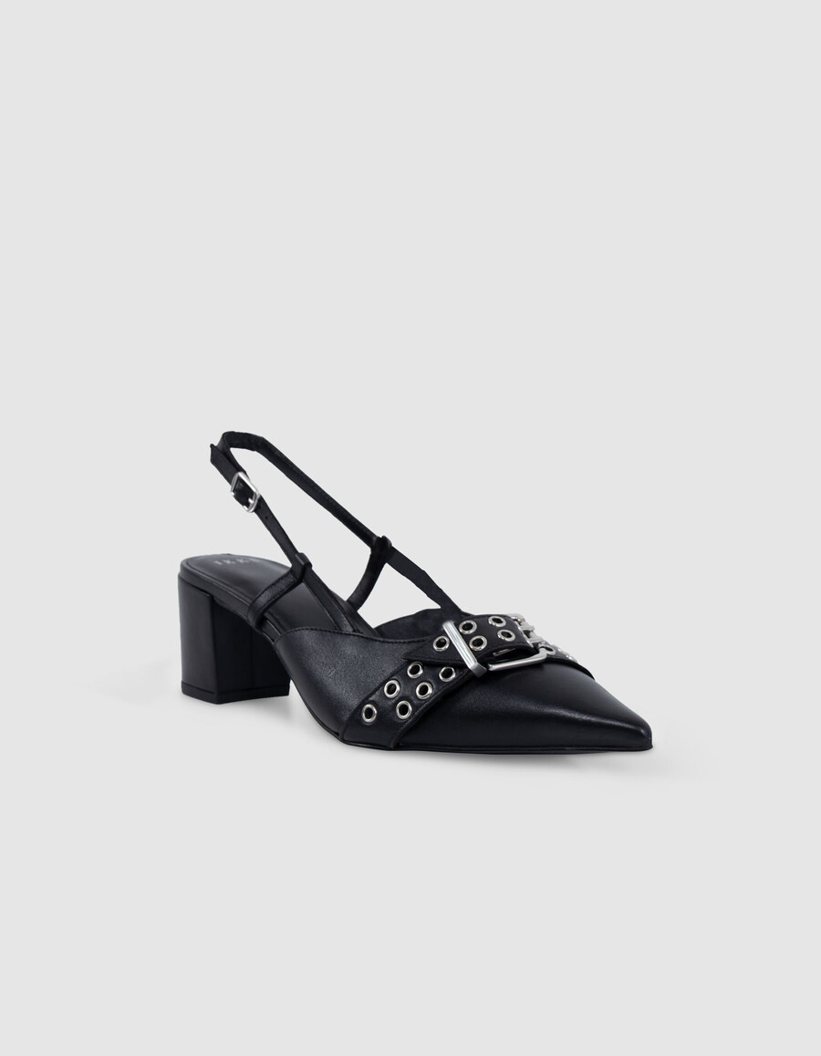 décolleté con cinturino posteriore in pelle nera da donna