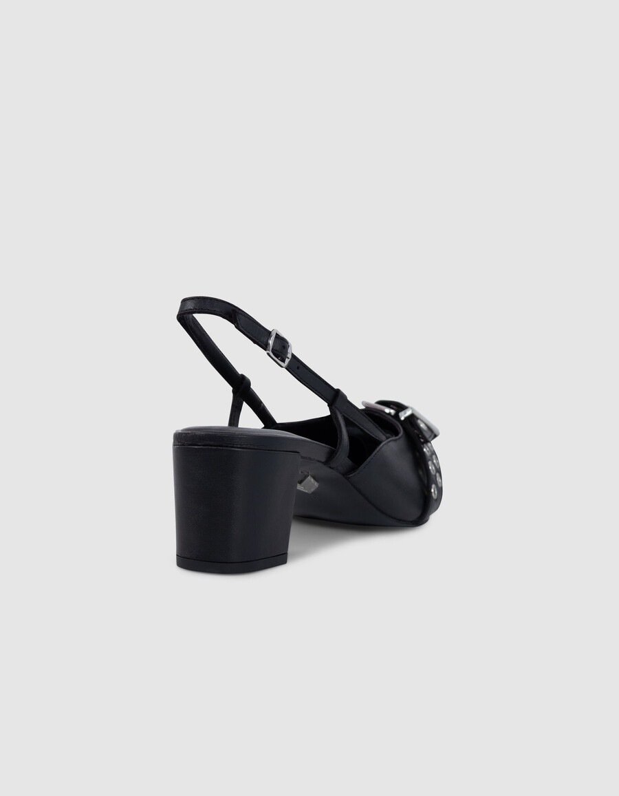décolleté con cinturino posteriore in pelle nera da donna
