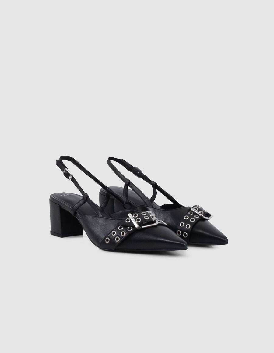 décolleté con cinturino posteriore in pelle nera da donna