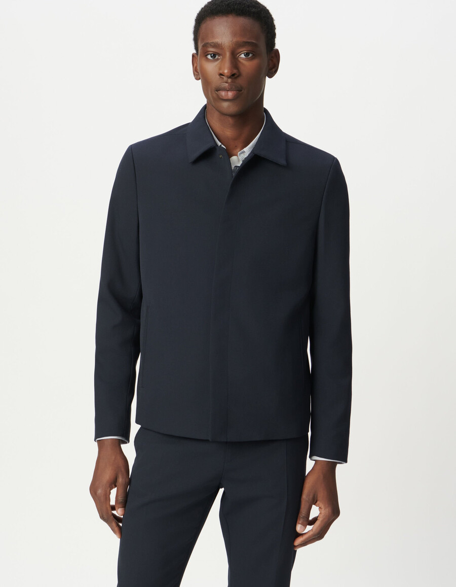 giacca da uomo blu navy con bottoni automatici nascosti