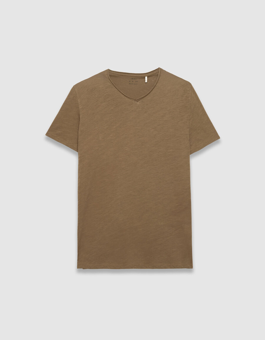 t-shirt da uomo in cotone biologico beige con scollo a v