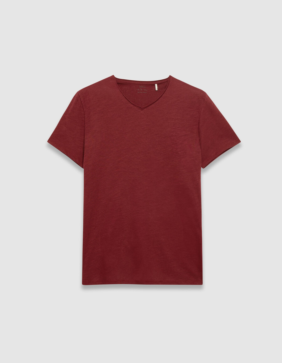 t-shirt da uomo in cotone biologico slub bordeaux con scollo a v