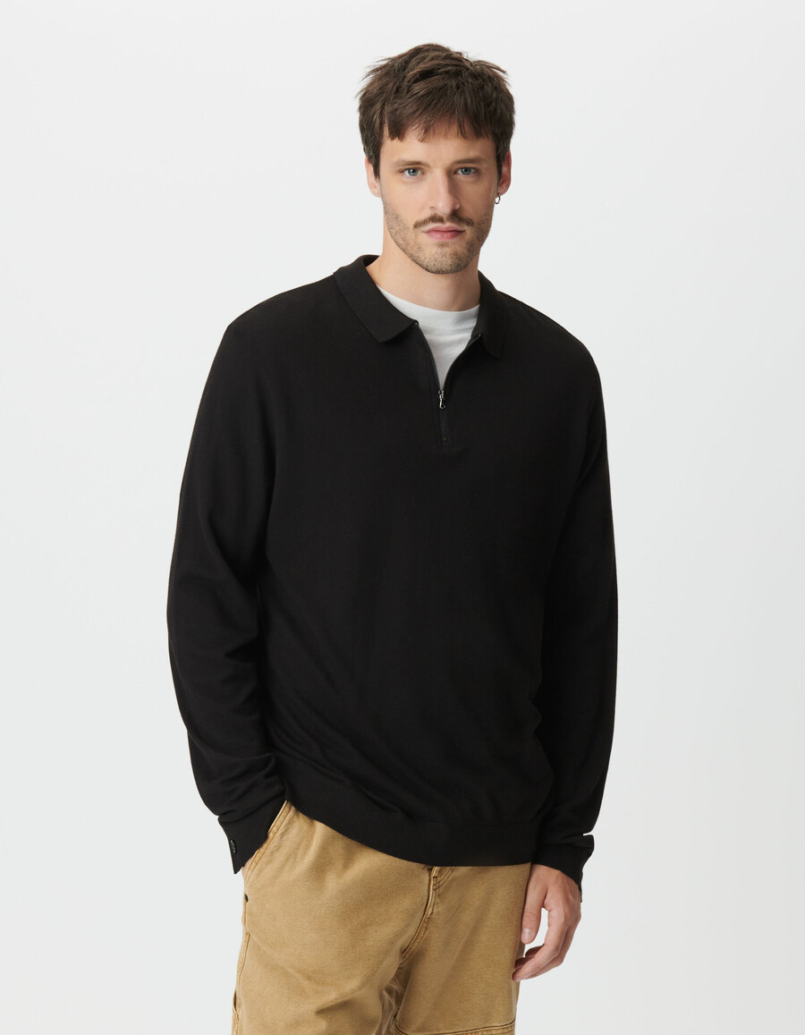 polo a maniche lunghe in maglia piquet nera da uomo