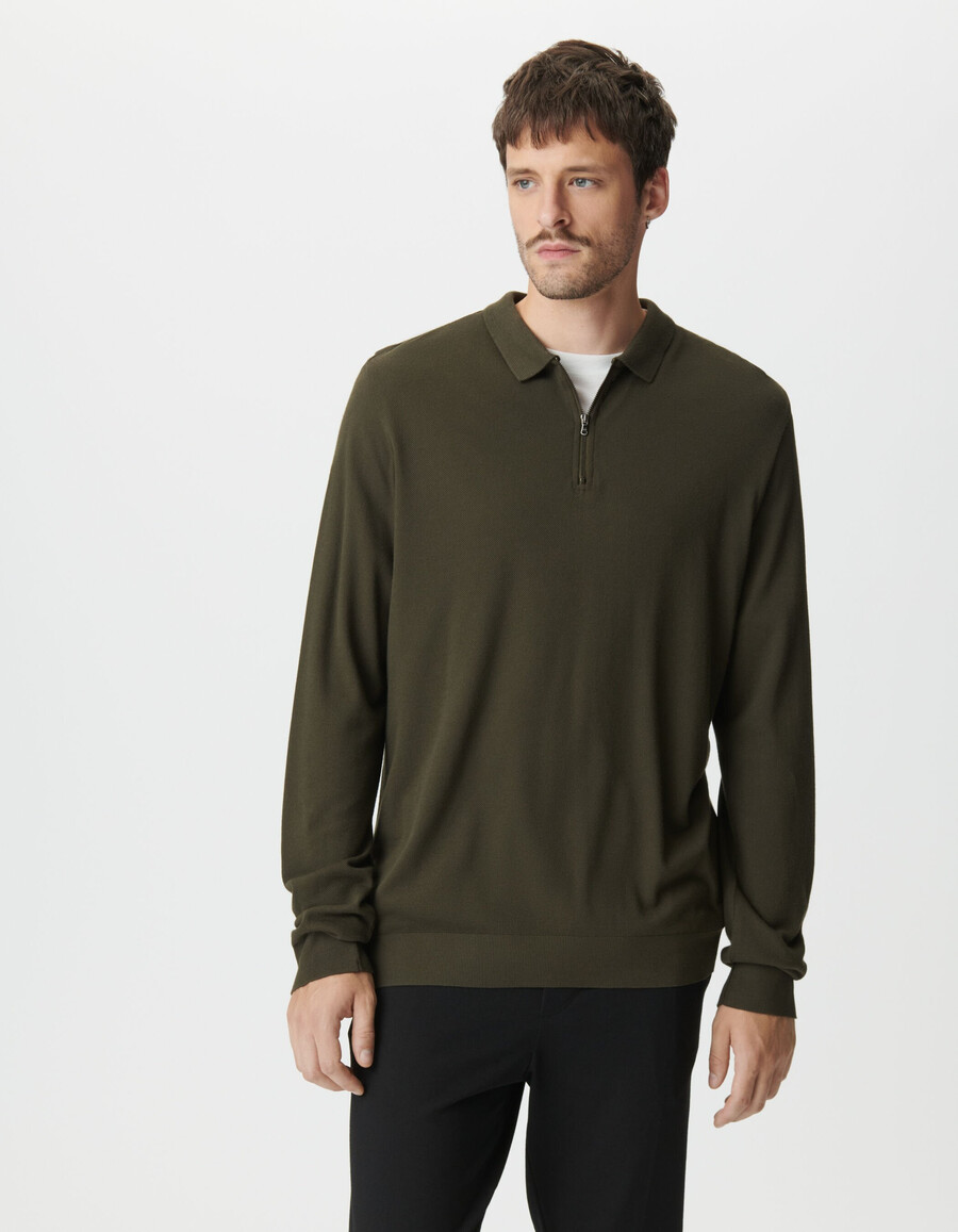polo a maniche lunghe in maglia piqué color cachi da uomo