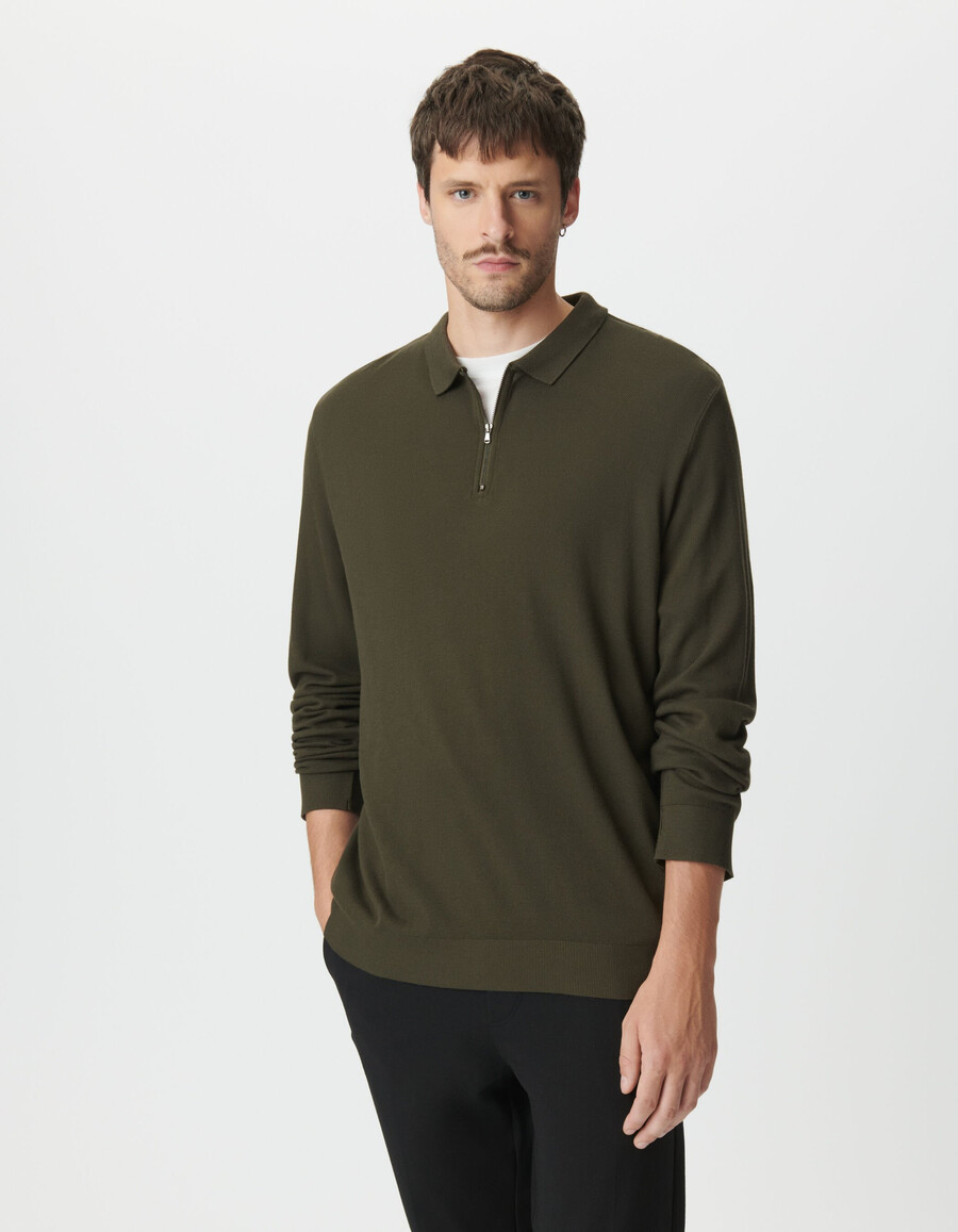polo a maniche lunghe in maglia piqué color cachi da uomo