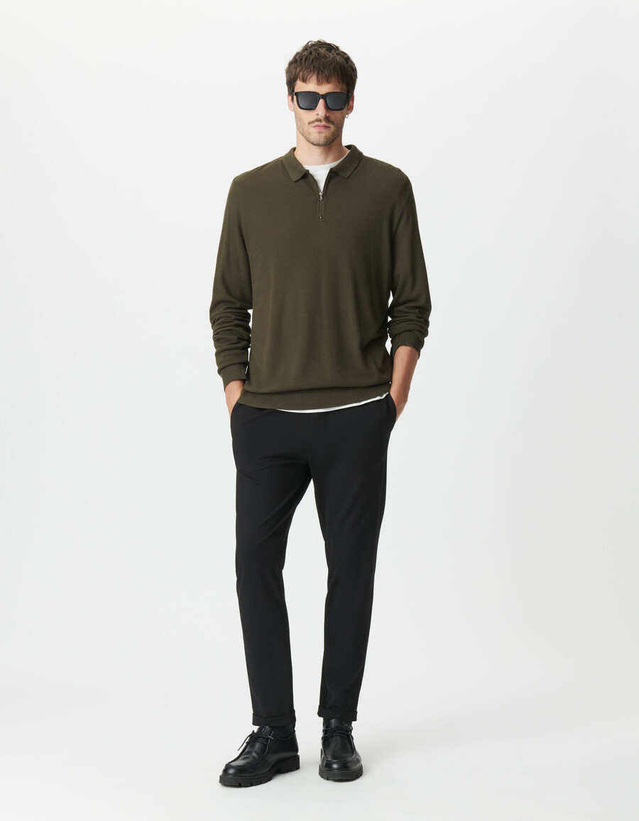 polo a maniche lunghe in maglia piqué color cachi da uomo