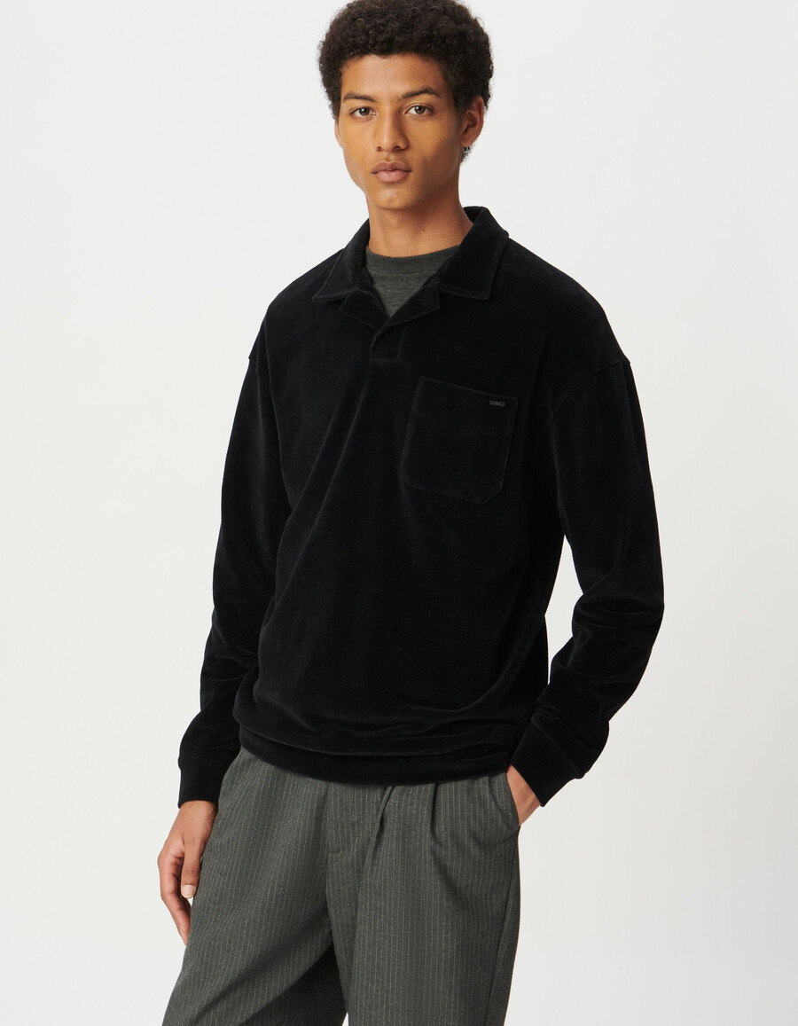 polo da uomo a maniche lunghe in maglia di velluto nero