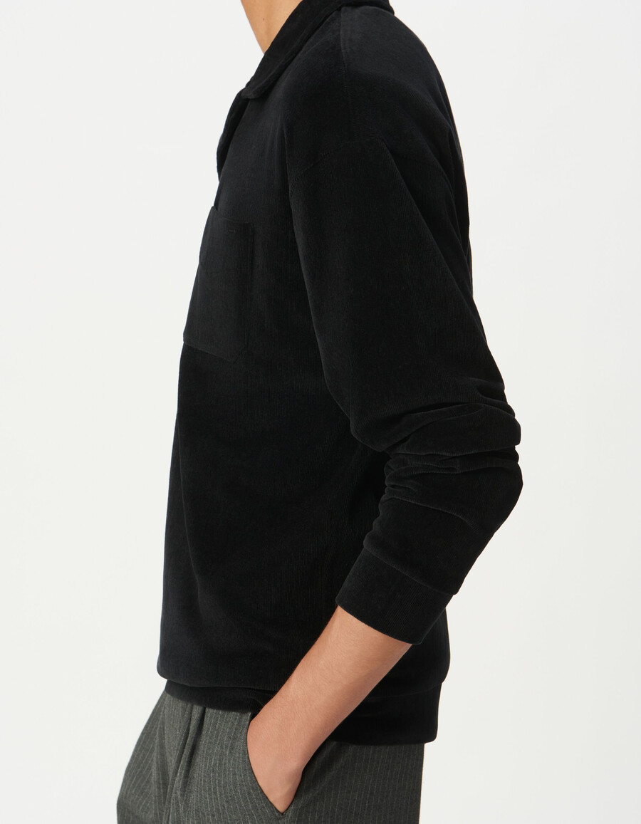 polo da uomo a maniche lunghe in maglia di velluto nero