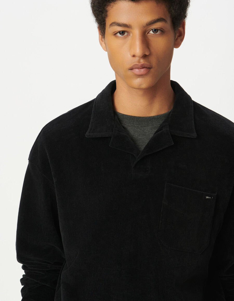 polo da uomo a maniche lunghe in maglia di velluto nero