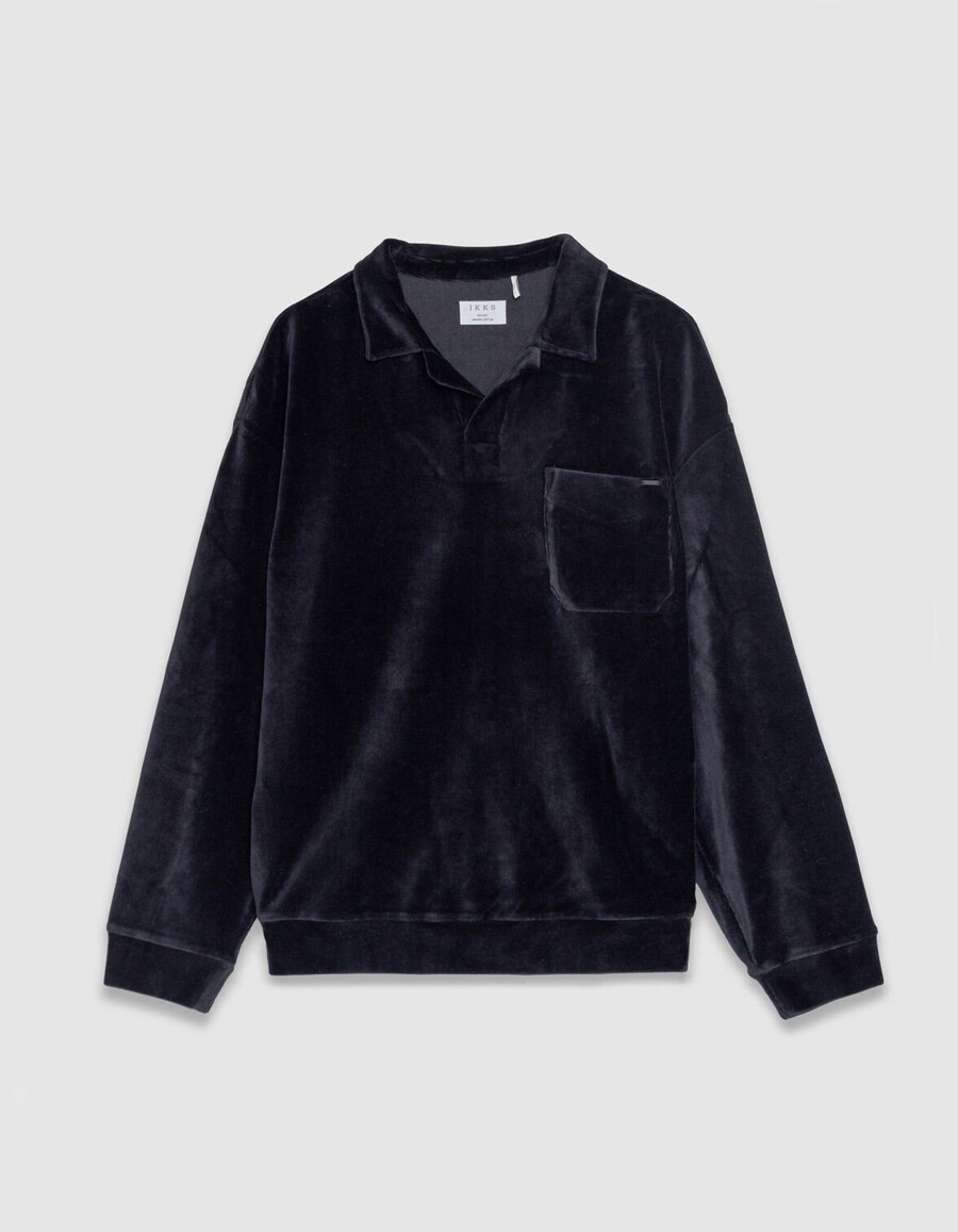 polo da uomo a maniche lunghe in maglia di velluto nero