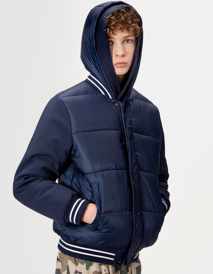giacca imbottita con cappuccio in tessuto misto blu navy per ragazzi