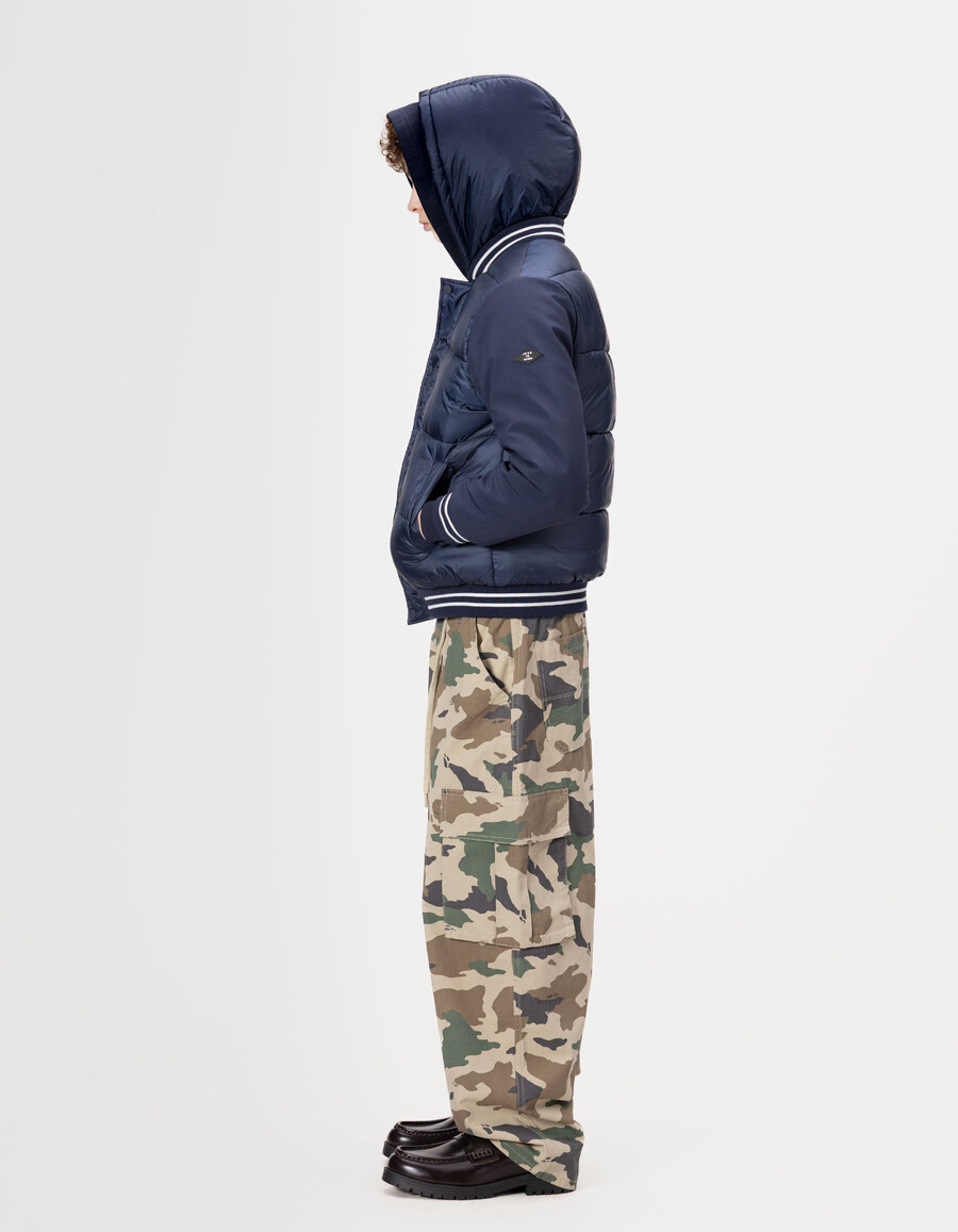giacca imbottita con cappuccio in tessuto misto blu navy per ragazzi
