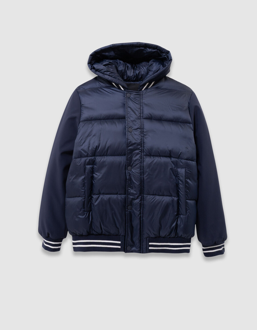 giacca imbottita con cappuccio in tessuto misto blu navy per ragazzi