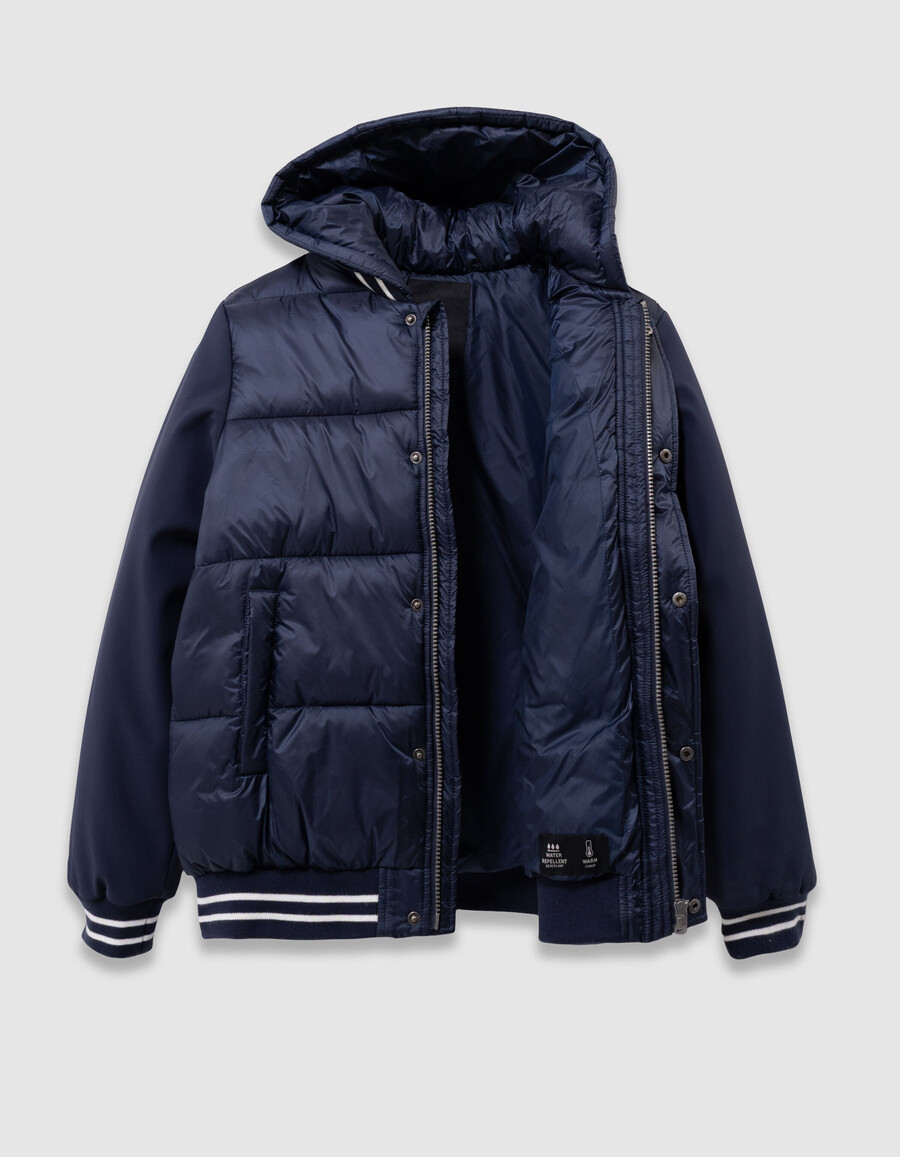 giacca imbottita con cappuccio in tessuto misto blu navy per ragazzi