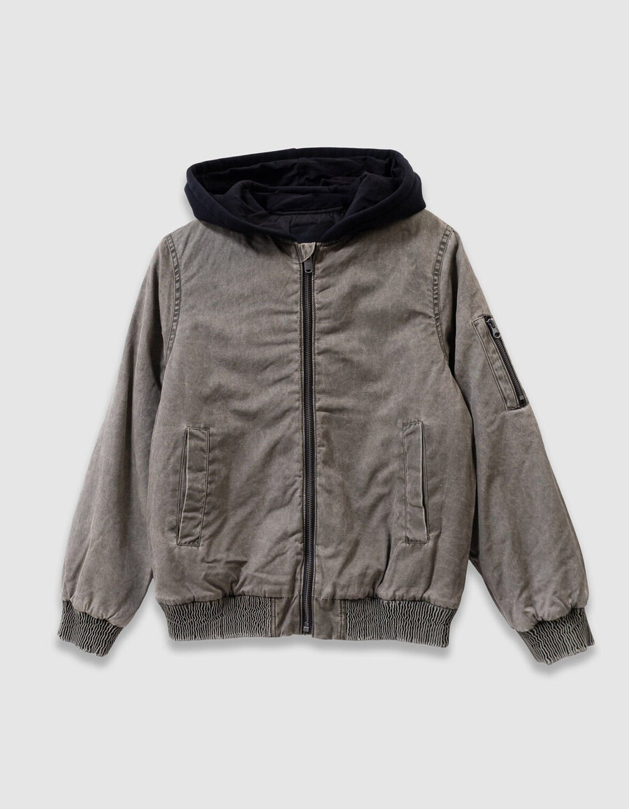 giubbotto bomber color cachi da bambino con cappuccio staccabile