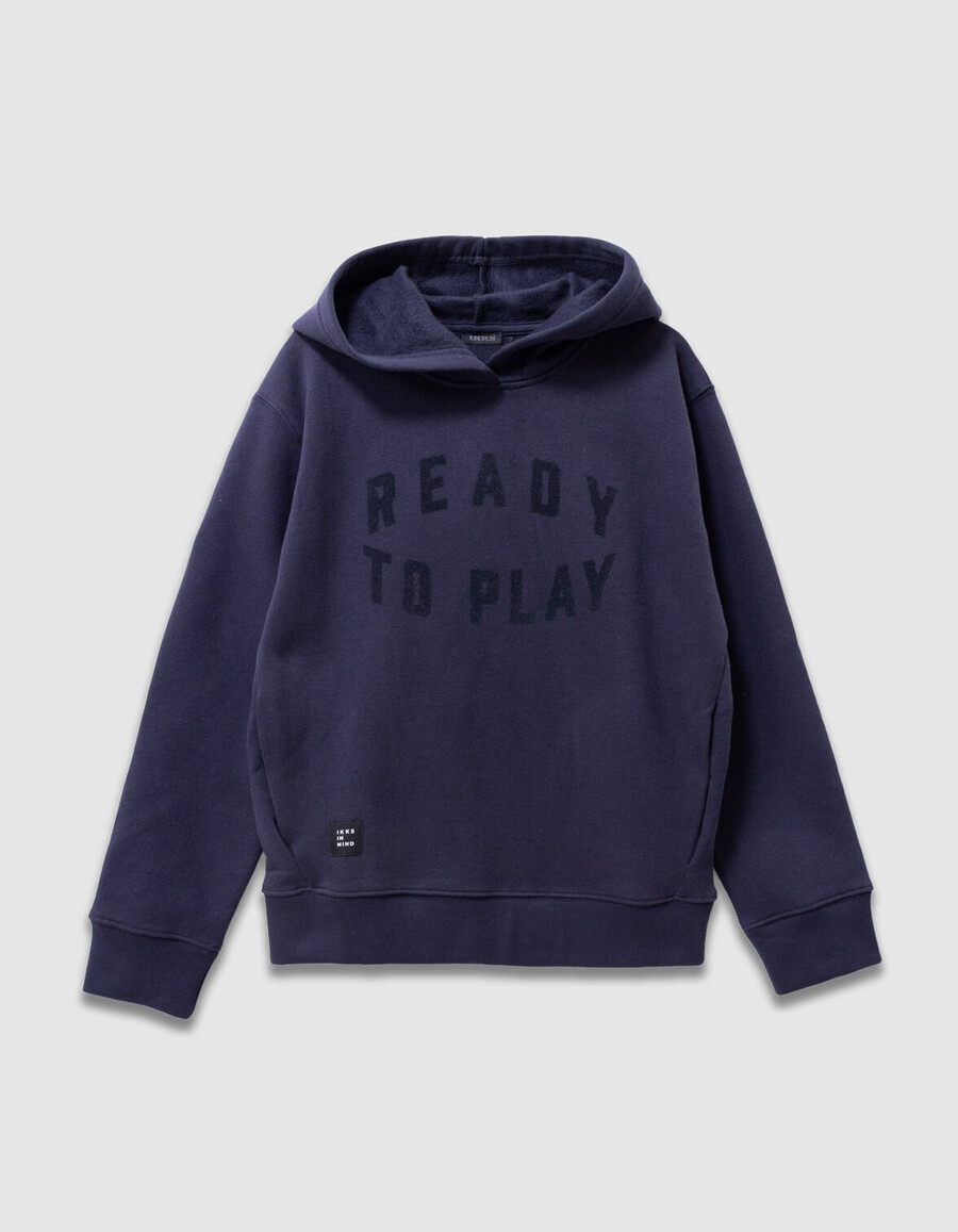felpa con cappuccio blu navy da bambino con slogan in velluto floccato