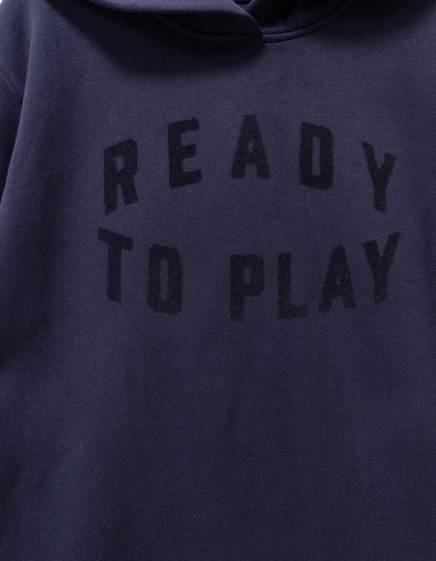 felpa con cappuccio blu navy da bambino con slogan in velluto floccato