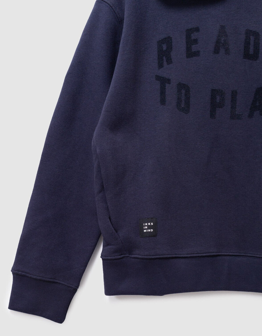 felpa con cappuccio blu navy da bambino con slogan in velluto floccato