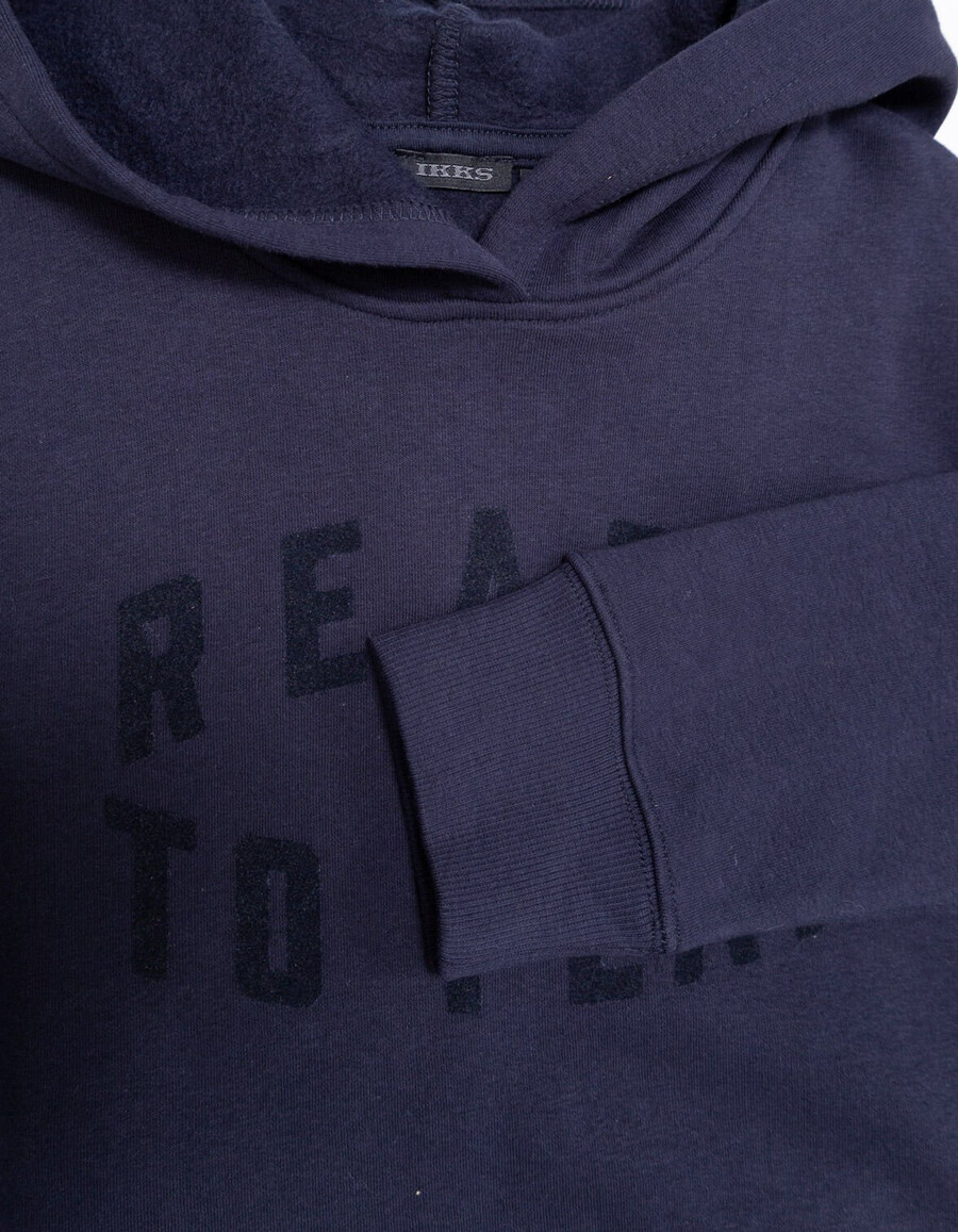 felpa con cappuccio blu navy da bambino con slogan in velluto floccato