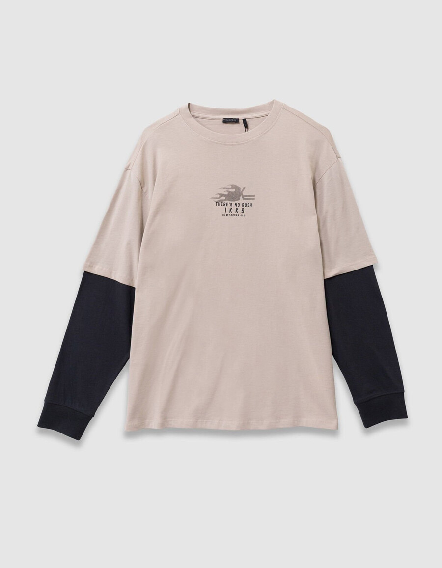 t-shirt beige in cotone biologico per bambini maniche trompe-loeil