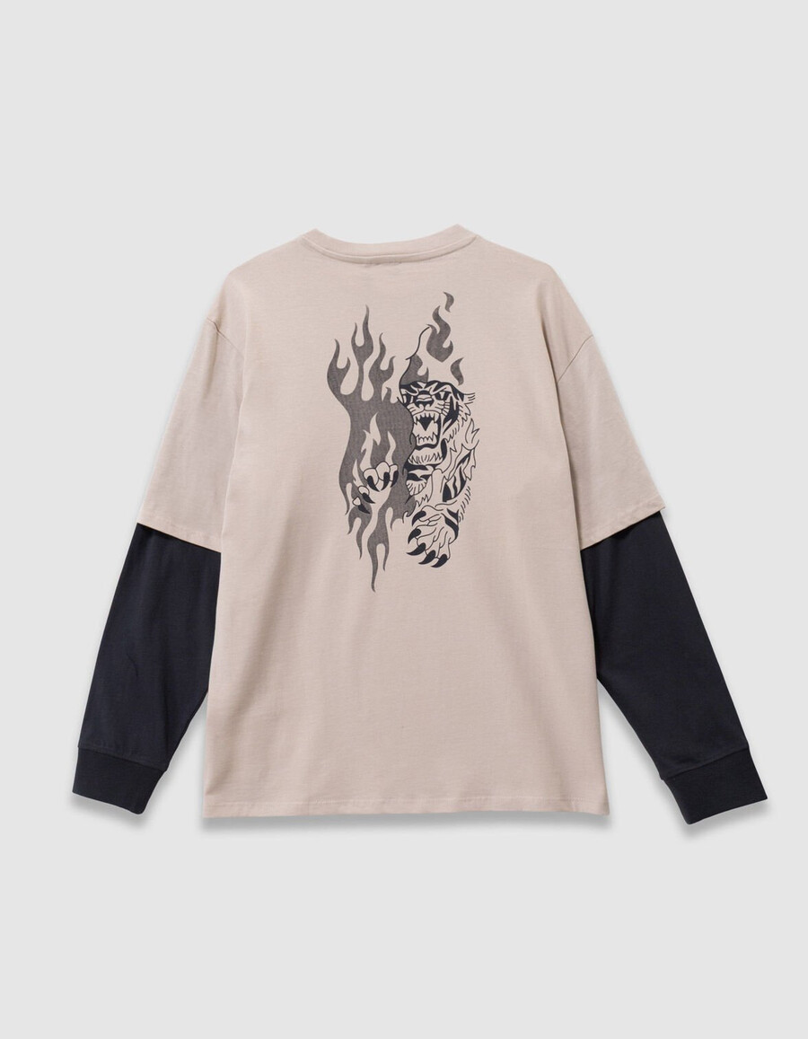 t-shirt beige in cotone biologico per bambini maniche trompe-loeil