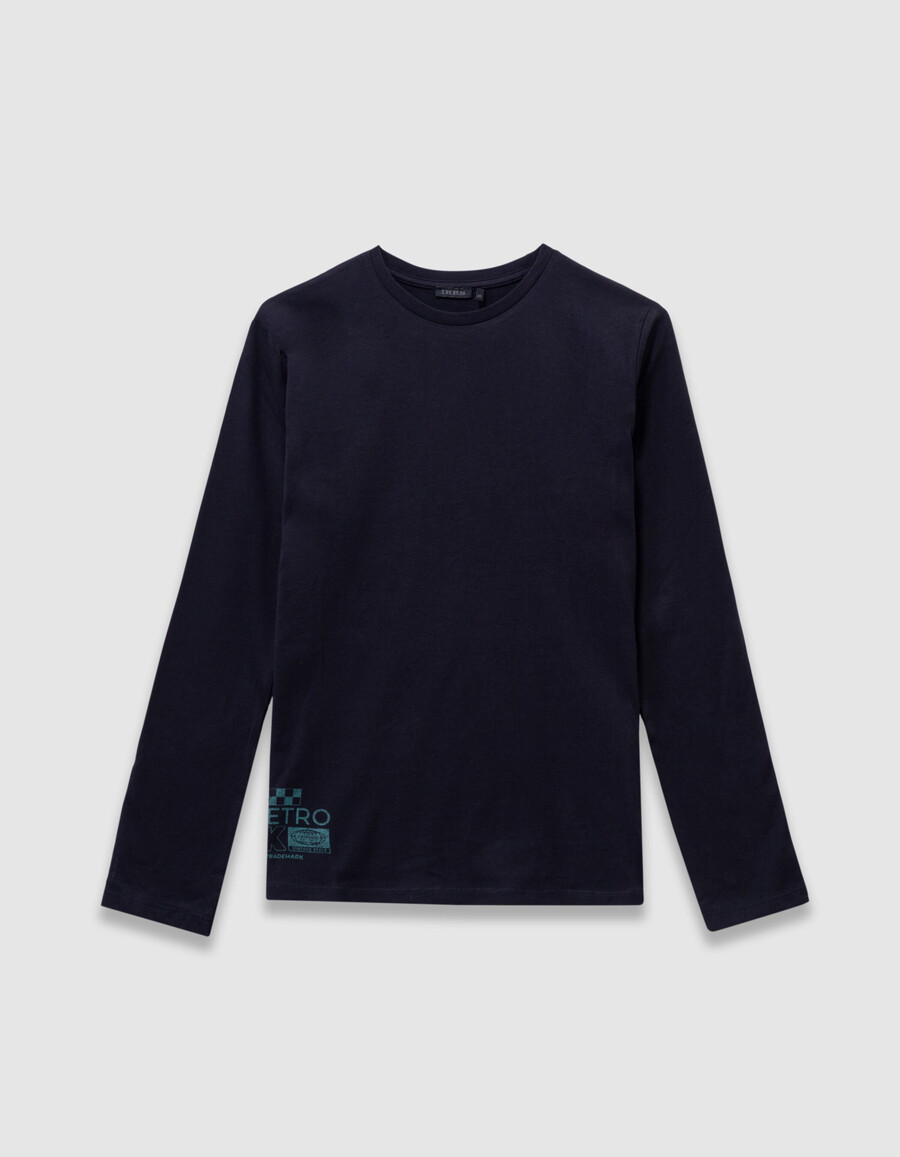 maglietta blu navy in cotone biologico per bambini con immagine di unauto sul retro