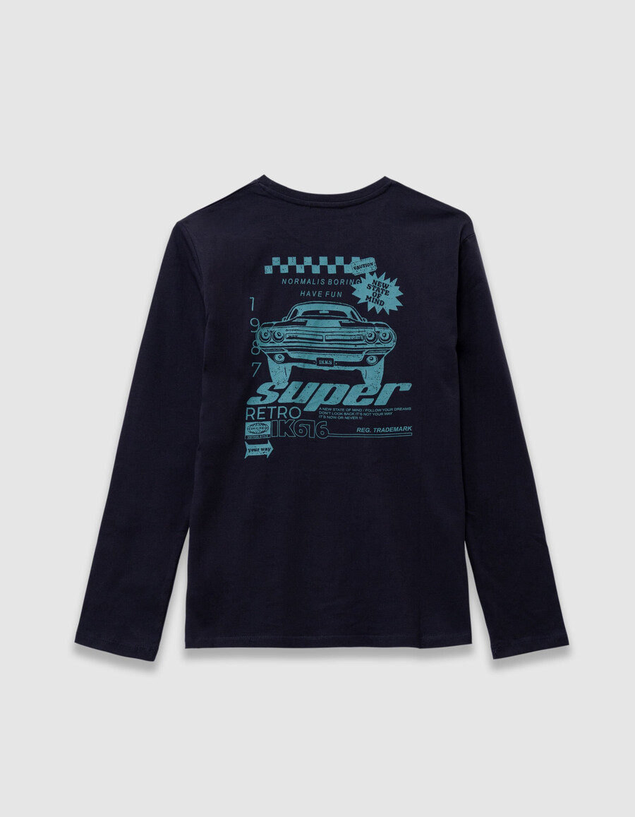 maglietta blu navy in cotone biologico per bambini con immagine di unauto sul retro
