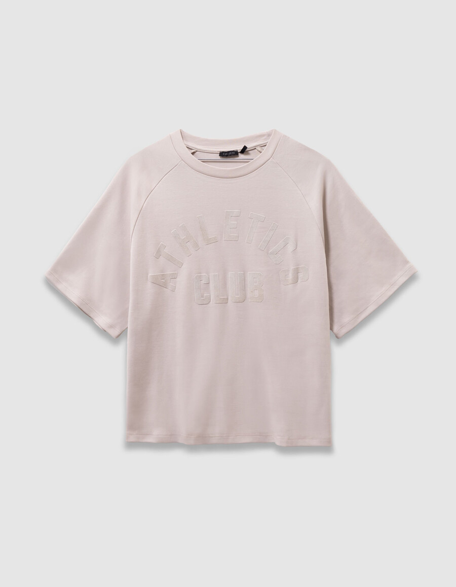 t-shirt beige in cotone biologico per bambine slogan in velluto floccato
