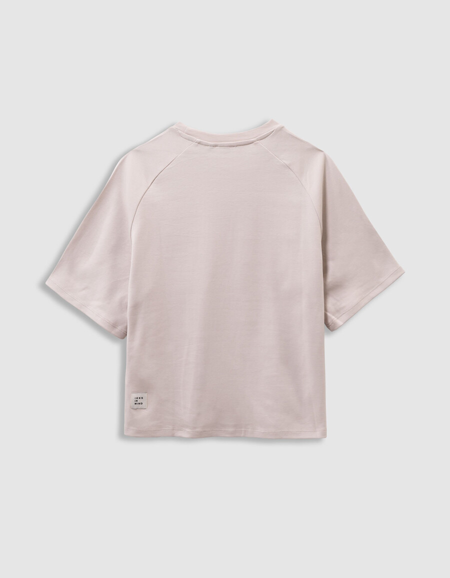 t-shirt beige in cotone biologico per bambine slogan in velluto floccato