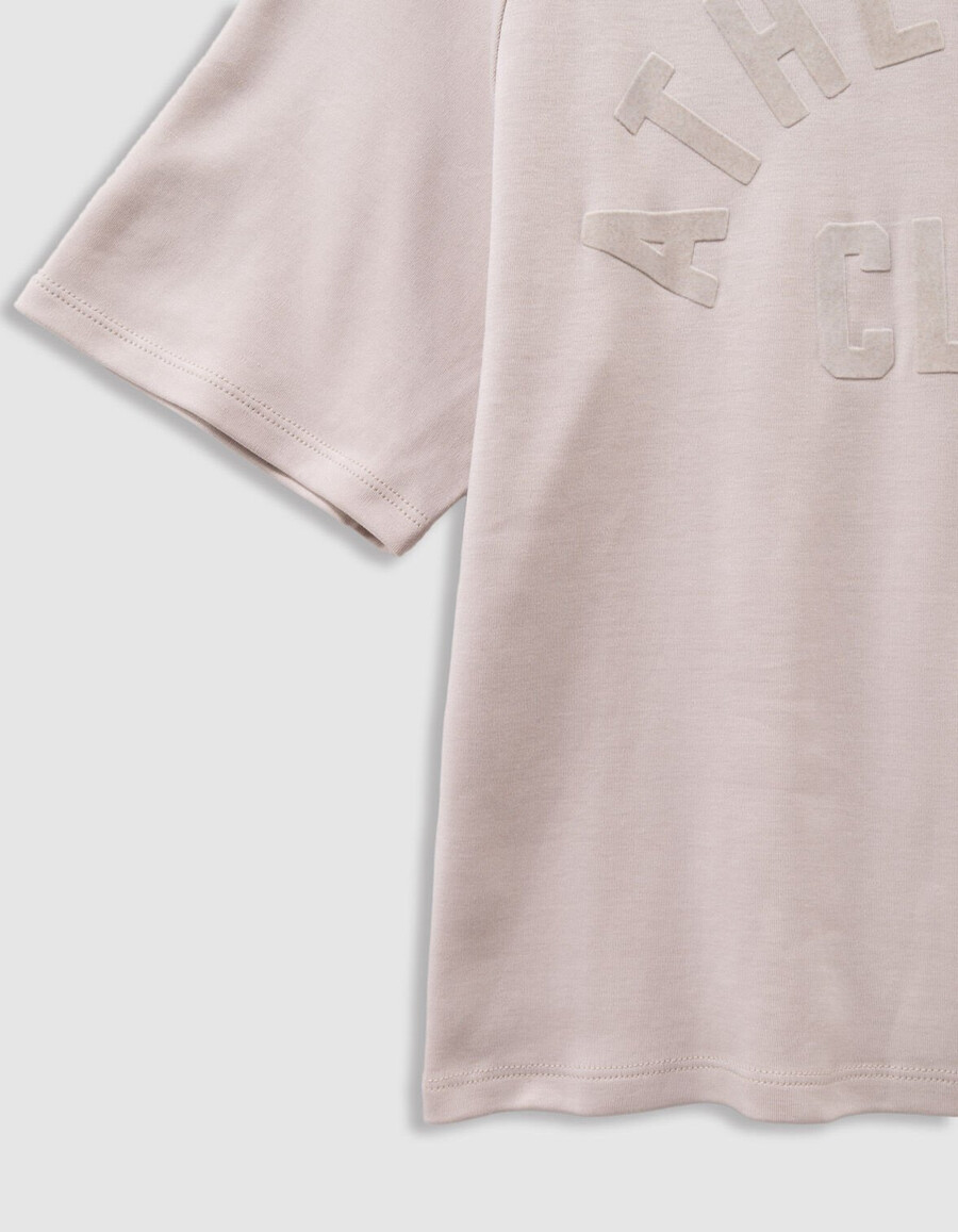 t-shirt beige in cotone biologico per bambine slogan in velluto floccato