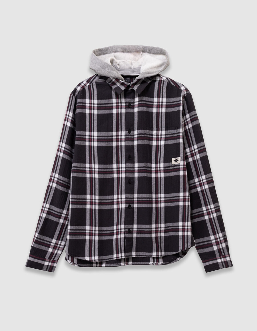 camicia a quadri grigia da bambino con cappuccio staccabile