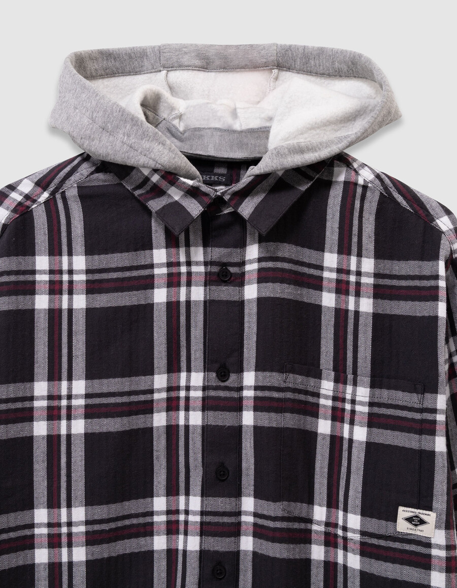 camicia a quadri grigia da bambino con cappuccio staccabile