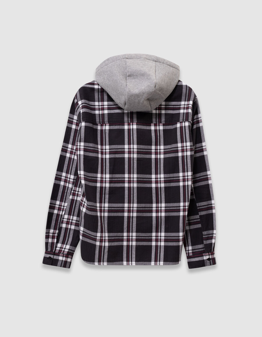 camicia a quadri grigia da bambino con cappuccio staccabile