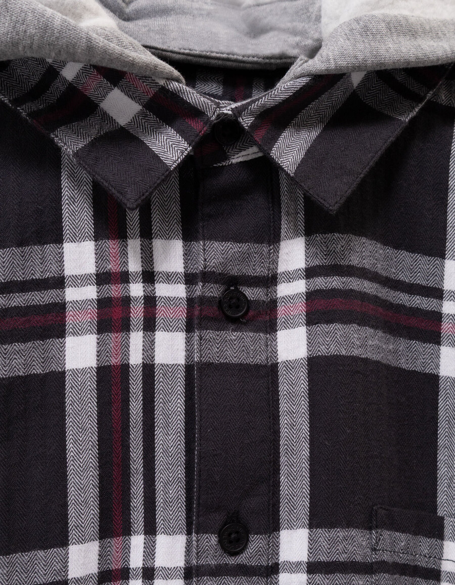 camicia a quadri grigia da bambino con cappuccio staccabile